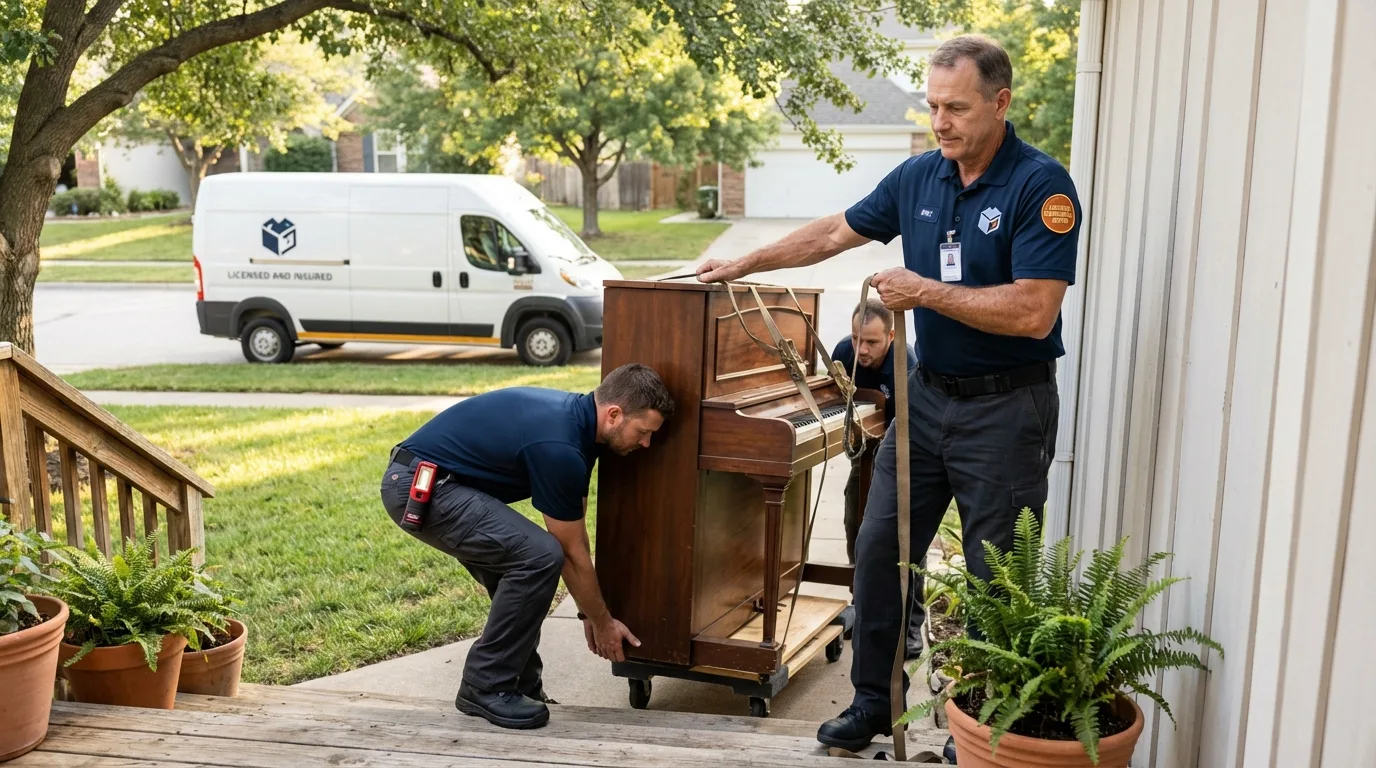 Licensed piano movers securing grand piano in Hansville, WA