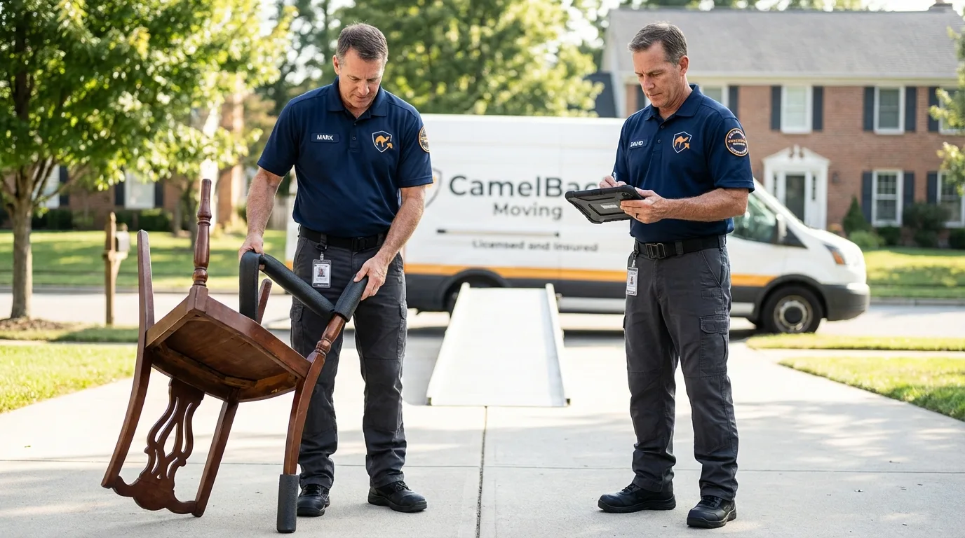 Movers inspecting furniture for damage prevention before loading in Hansville, WA