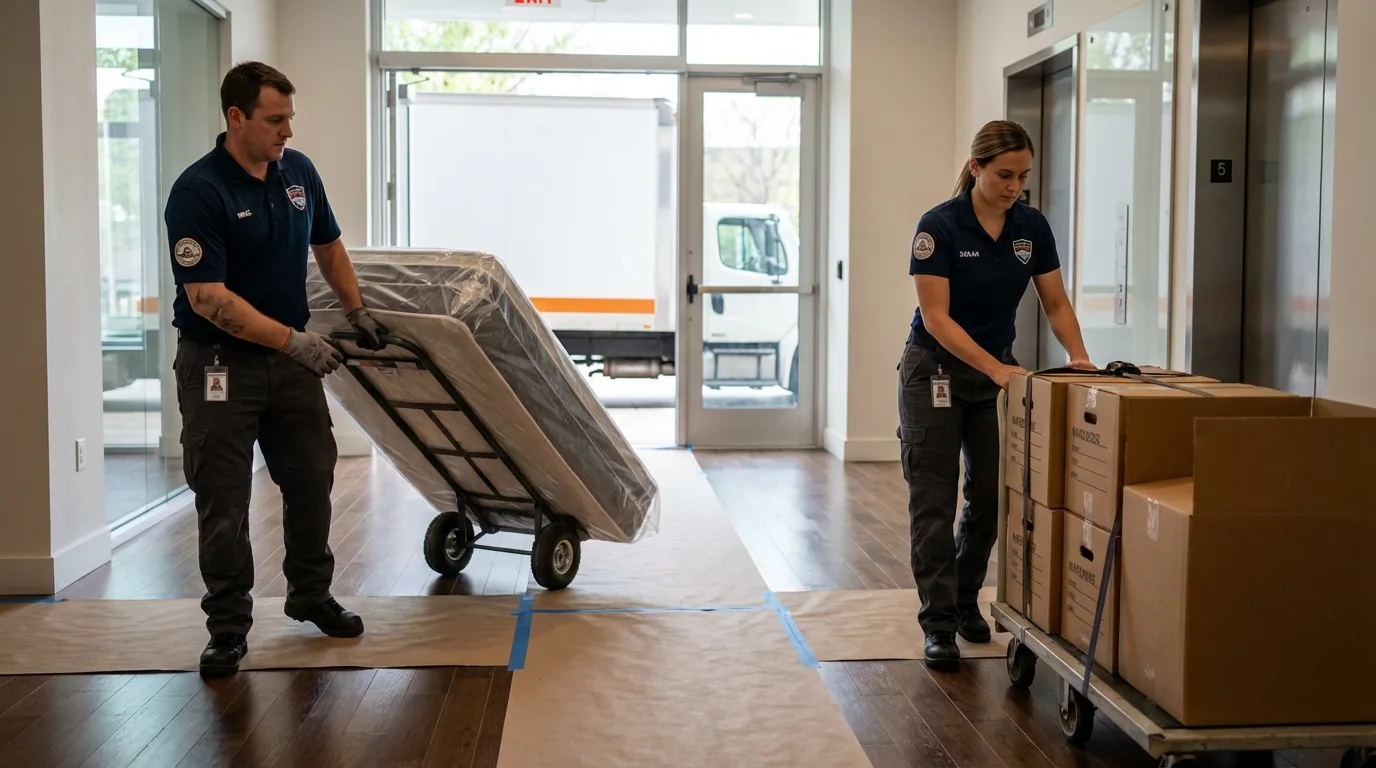 Professional apartment movers loading elevator in Hansville, WA