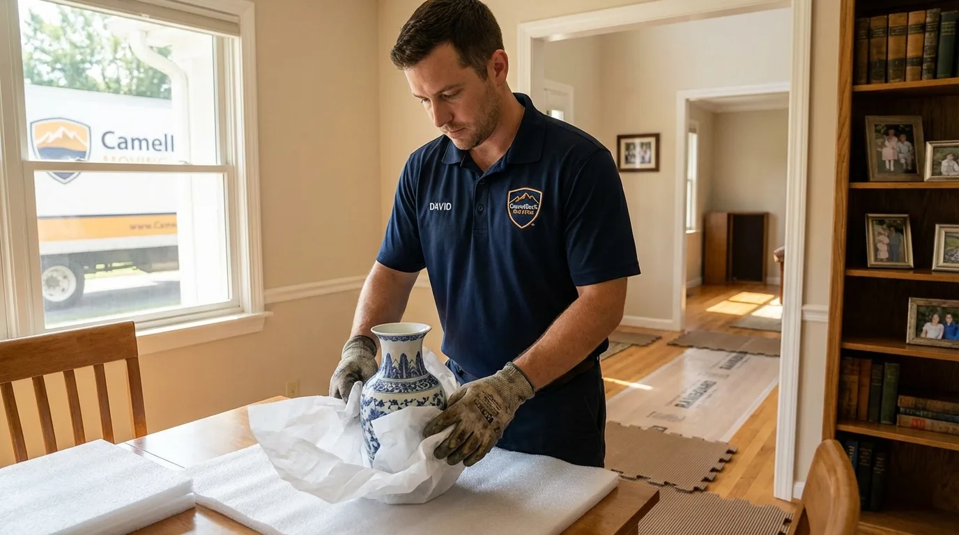 Professional crew carefully wrapping antique vase for senior downsizing move in Hansville, WA